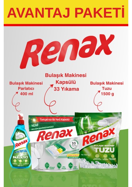 Avantaj Paketi Bulaşık Makinesi Kapsülü 33'lü + Bulaşık Makinesi Tuzu 1500 G + Bulaşık Makinesi Parlatıcısı 400 ml