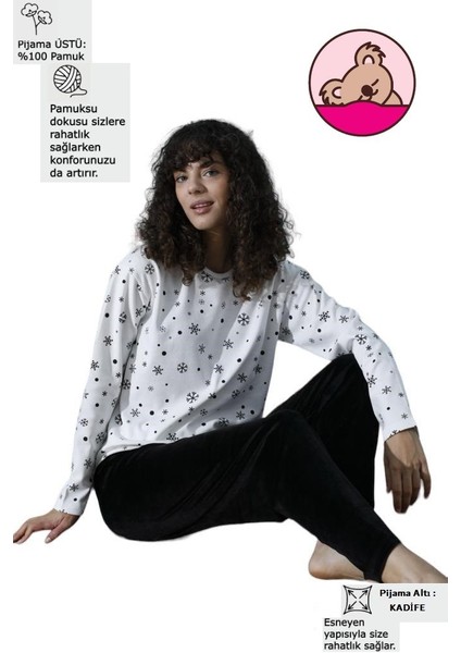 Kadın Desenli Bisiklet Yaka Oversize Interlok Pamuklu Üst Kadife Alt Kışlık Pijama Eşofman Takım