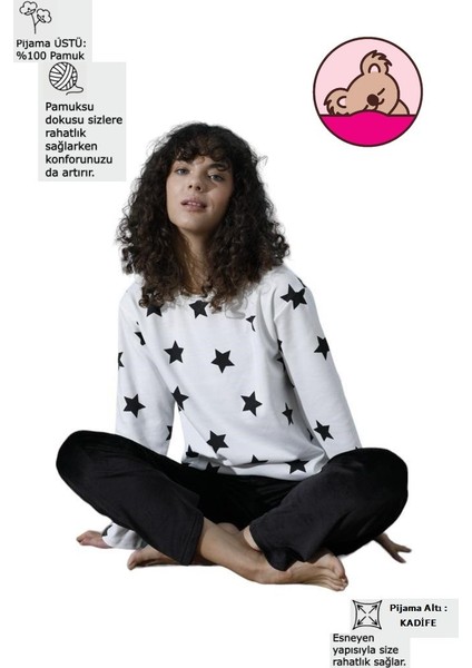 Kadın Desenli Bisiklet Yaka Oversize Interlok Pamuklu Üst Kadife Alt Kışlık Pijama Eşofman Takım