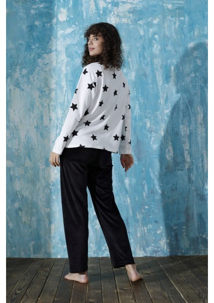 Kadın Desenli Bisiklet Yaka Oversize Interlok Pamuklu Üst Kadife Alt Kışlık Pijama Eşofman Takım fırsatları