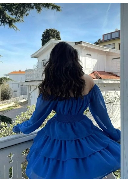 Kadın Şifon Kumaş Düşük Omuz Beli Gipeli Mini Eteği Kat Kat Mezuniyet Elbisesi modelleri