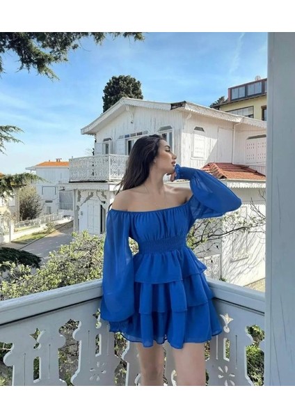 Kadın Şifon Kumaş Düşük Omuz Beli Gipeli Mini Eteği Kat Kat Mezuniyet Elbisesi fırsatları