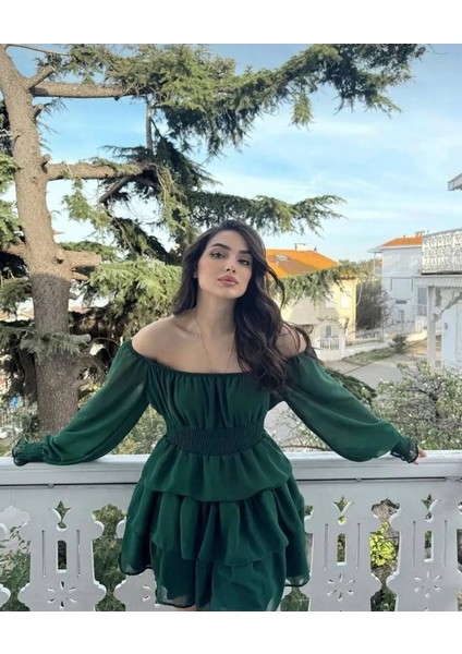 Kadın Şifon Kumaş Düşük Omuz Beli Gipeli Mini Eteği Kat Kat Mezuniyet Elbisesi