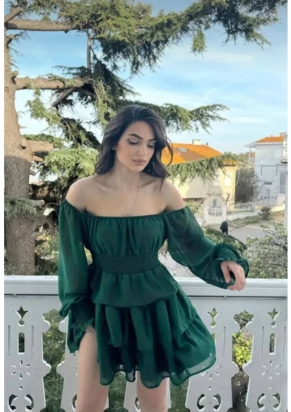 Kadın Şifon Kumaş Düşük Omuz Beli Gipeli Mini Eteği Kat Kat Mezuniyet Elbisesi fiyatları