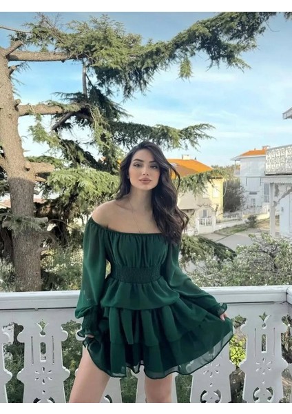 Kadın Şifon Kumaş Düşük Omuz Beli Gipeli Mini Eteği Kat Kat Mezuniyet Elbisesi modelleri