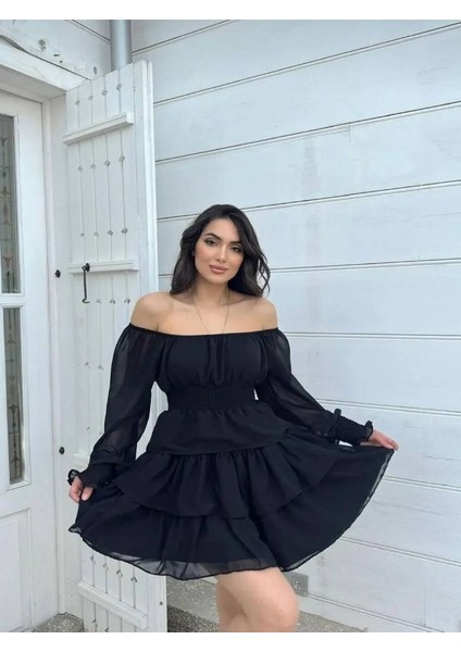 Kadın Şifon Kumaş Düşük Omuz Beli Gipeli Mini Eteği Kat Kat Mezuniyet Elbisesi