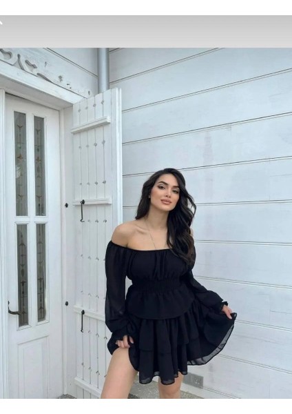 Kadın Şifon Kumaş Düşük Omuz Beli Gipeli Mini Eteği Kat Kat Mezuniyet Elbisesi fiyatları