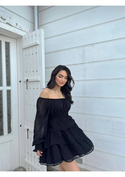 Kadın Şifon Kumaş Düşük Omuz Beli Gipeli Mini Eteği Kat Kat Mezuniyet Elbisesi modelleri