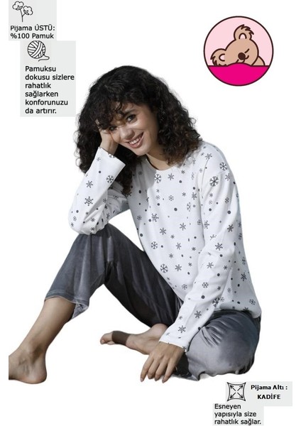 Kadın Desenli Bisiklet Yaka Oversize Interlok Pamuklu Üst Kadife Alt Kışlık Pijama Eşofman Takım