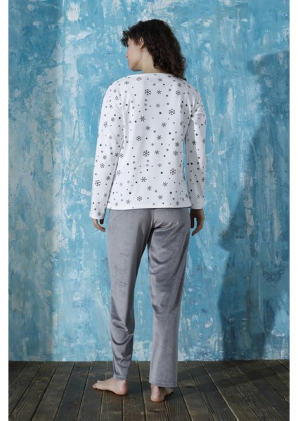 Kadın Desenli Bisiklet Yaka Oversize Interlok Pamuklu Üst Kadife Alt Kışlık Pijama Eşofman Takım fırsatları