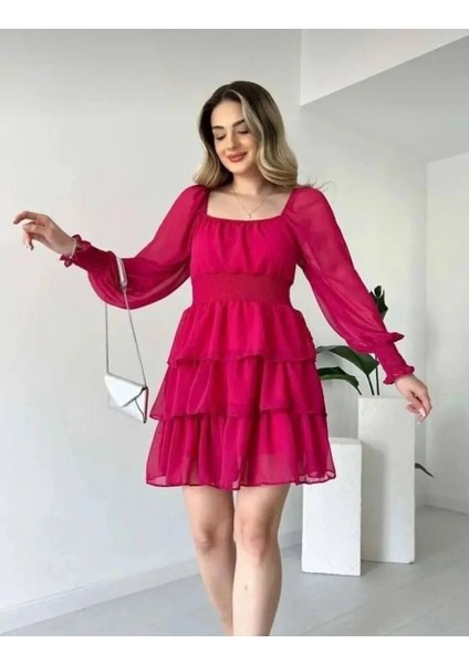 Kadın Şifon Kumaş Düşük Omuz Beli Gipeli Mini Eteği Kat Kat Mezuniyet Elbisesi