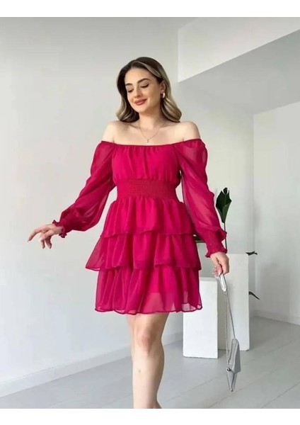 Kadın Şifon Kumaş Düşük Omuz Beli Gipeli Mini Eteği Kat Kat Mezuniyet Elbisesi fiyatları