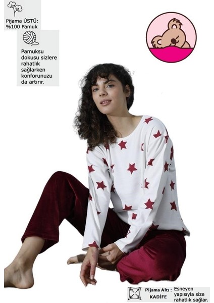 Kadın Desenli Bisiklet Yaka Oversize Interlok Pamuklu Üst Kadife Alt Kışlık Pijama Eşofman Takım