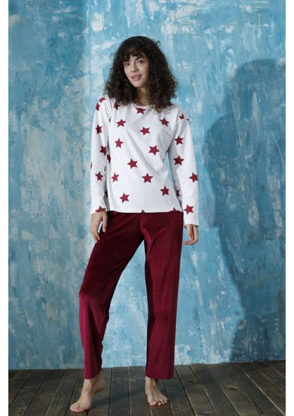 Kadın Desenli Bisiklet Yaka Oversize Interlok Pamuklu Üst Kadife Alt Kışlık Pijama Eşofman Takım fiyatları