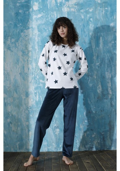 Kadın Desenli Bisiklet Yaka Oversize Interlok Pamuklu Üst Kadife Alt Kışlık Pijama Eşofman Takım fiyatları