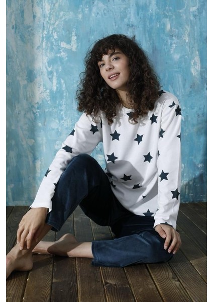 Kadın Desenli Bisiklet Yaka Oversize Interlok Pamuklu Üst Kadife Alt Kışlık Pijama Eşofman Takım fırsatları