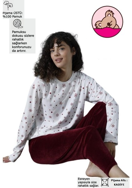 Kadın Desenli Bisiklet Yaka Oversize Interlok Pamuklu Üst Kadife Alt Kışlık Pijama Eşofman Takım