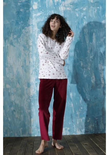 Kadın Desenli Bisiklet Yaka Oversize Interlok Pamuklu Üst Kadife Alt Kışlık Pijama Eşofman Takım fiyatları