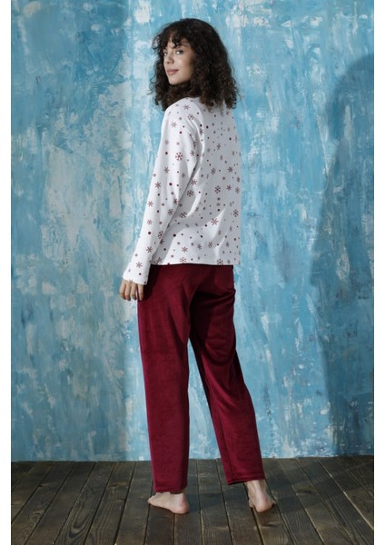Kadın Desenli Bisiklet Yaka Oversize Interlok Pamuklu Üst Kadife Alt Kışlık Pijama Eşofman Takım fırsatları