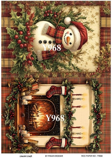 Y968 Yeniyıl Serisi, Kardan Adam, Şömine Desenli Pirinç Dekopaj 30*42 cm