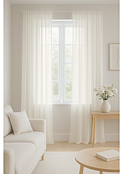 Düz Pilesiz Keten Ekru Tül Perde