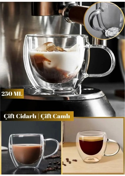2 Adet Çift Camlı Çift Cidarlı Borosilikat Kahve Kupası 250 ml