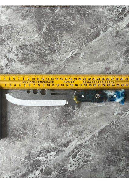 4034 Çelik Kamp ve Av Bıçağı – Mavi-Beyaz Epoksi Kabzeli, El Yapımı, Cam Kırmalı – 26,5 cm indirimleri