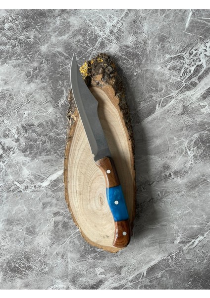 Hibrit Mavi Epoksi Kabzeli El Yapımı Kılıflı Kamp ve Av Bıçağı – 24 cm