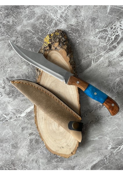 Hibrit Mavi Epoksi Kabzeli El Yapımı Kılıflı Kamp ve Av Bıçağı – 24 cm fiyatları