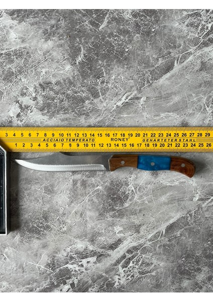 Hibrit Mavi Epoksi Kabzeli El Yapımı Kılıflı Kamp ve Av Bıçağı – 24 cm indirimleri