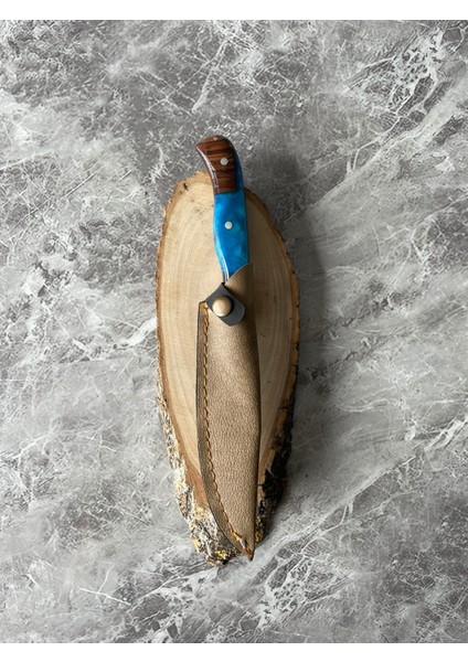 Hibrit Mavi Epoksi Kabzeli El Yapımı Kılıflı Kamp ve Av Bıçağı – 24 cm