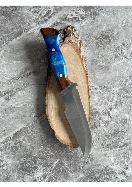 Hibrit Mavi Epoksi Kabzeli El Yapımı Kılıflı Kamp ve Av Bıçağı – 26,5 cm