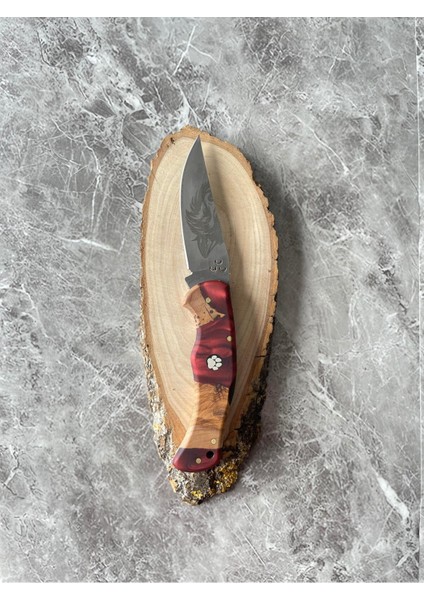 Kurt Gravürlü Hibrit Bordo Epoksi Kabzeli Kamp Çakısı – 20,5 cm