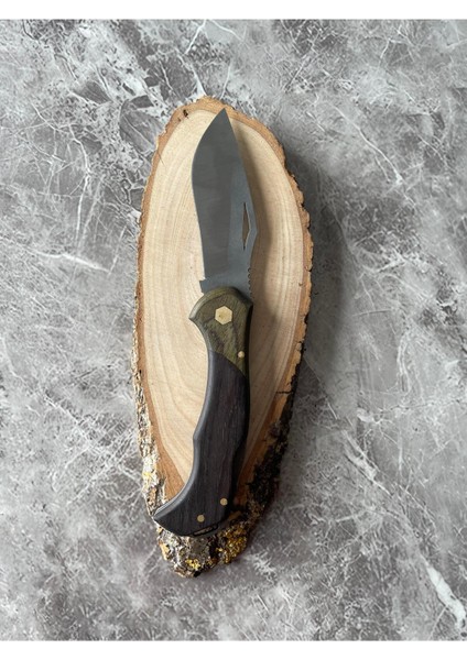 Hibrit Venge-Yeşil Ahşap Kabzeli Kamp Çakısı – 8,5 cm Namlu – Sırttan Kilitli