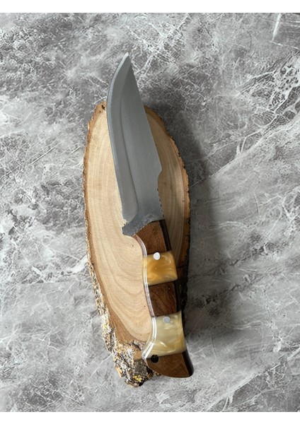 Hibrit Beyaz Epoksi Kabzeli El Yapımı Kılıflı Kamp ve Av Bıçağı – 26,5 cm