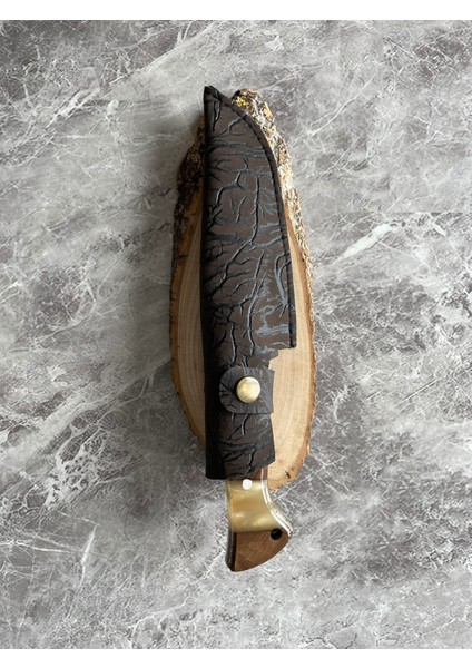 Hibrit Beyaz Epoksi Kabzeli El Yapımı Kılıflı Kamp ve Av Bıçağı – 26,5 cm