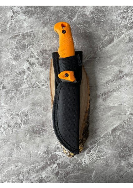 Kompakt Turuncu Kabzeli El Yapımı Kılıflı Kamp ve Av Bıçağı – 24 cm