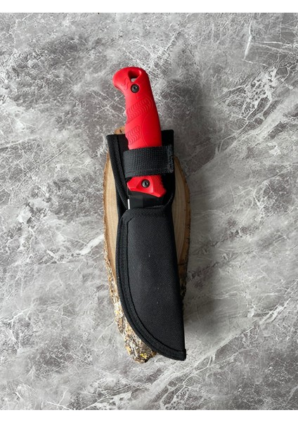 Satır Model Kompakt Kırmızı Kabzeli Kılıflı El Yapımı Kamp ve Av Bıçağı – 23 cm