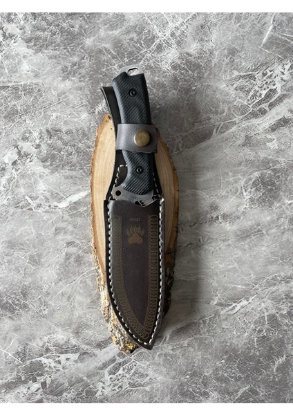 Pati Desenli El Yapımı Siyah Kabzeli Kılıflı Kamp ve Av Bıçağı – 21,5 cm