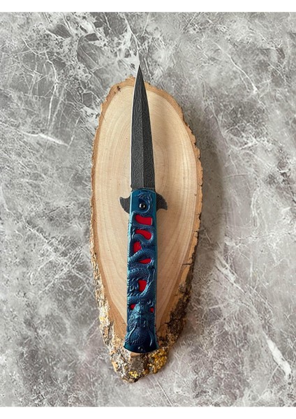 Damascus Işlemeli Kamp Çakısı – Mavi Ejderha Kabze, , Kemere Klipsli, 21,5 cm