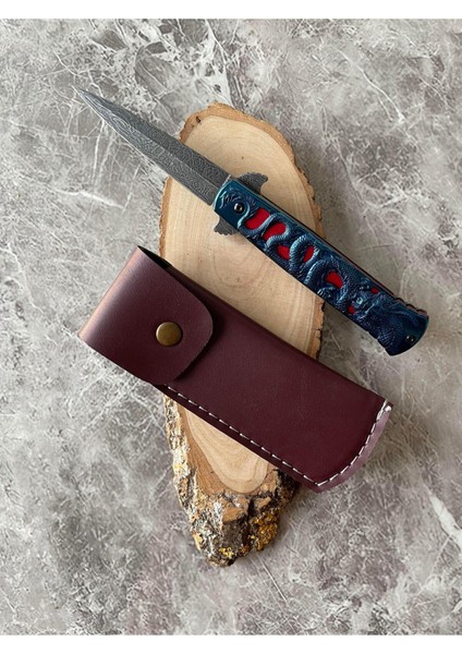 Damascus Işlemeli Kamp Çakısı – Mavi Ejderha Kabze, , Kemere Klipsli, 21,5 cm fiyatları