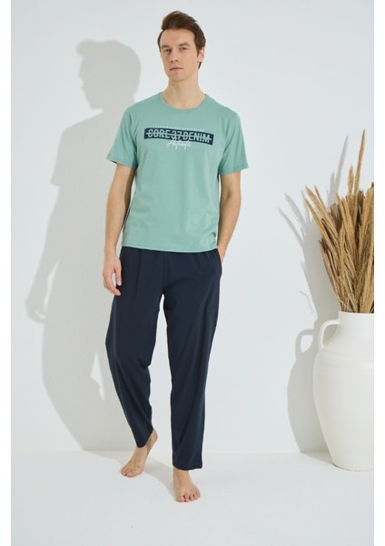 Erkek Mavi Bisiklet Yaka Kısa Kol Yuvarlak Yaka Cepli Yazlık Pamuklu Pijama Takımı