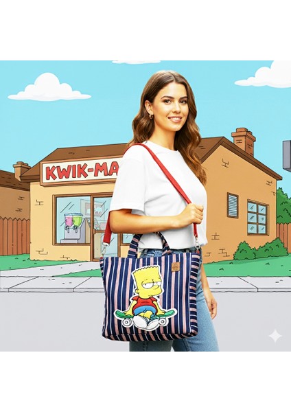 Bart Simpson Tasarım Büyük Boy Çizgili Kot Çanta