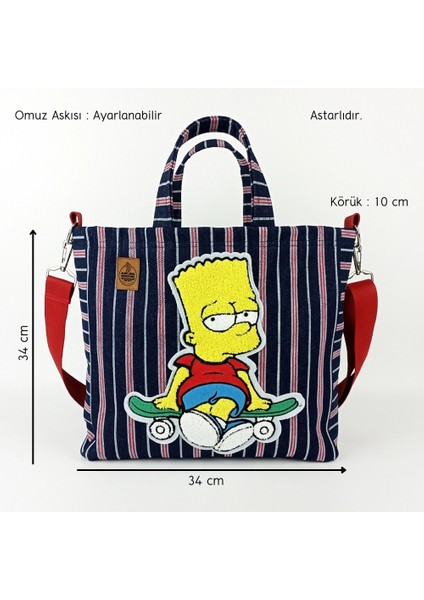 Bart Simpson Tasarım Büyük Boy Çizgili Kot Çanta fiyatları