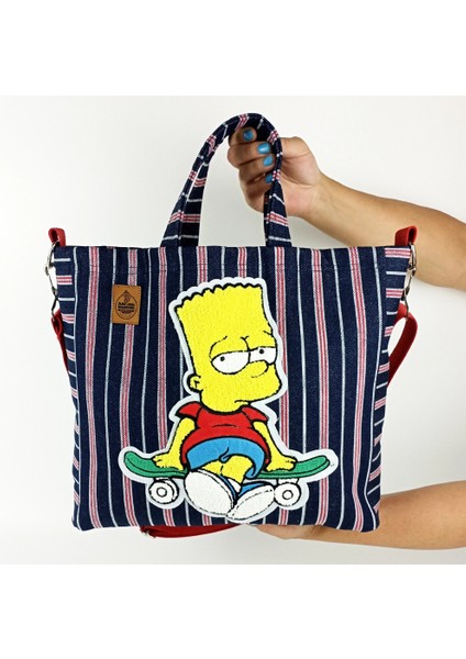 Bart Simpson Tasarım Büyük Boy Çizgili Kot Çanta modelleri