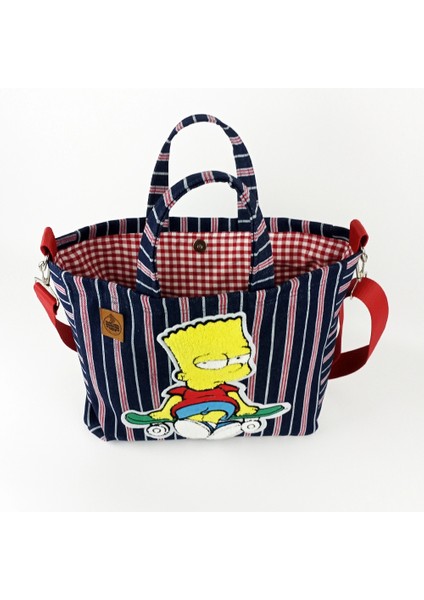 Bart Simpson Tasarım Büyük Boy Çizgili Kot Çanta indirimleri