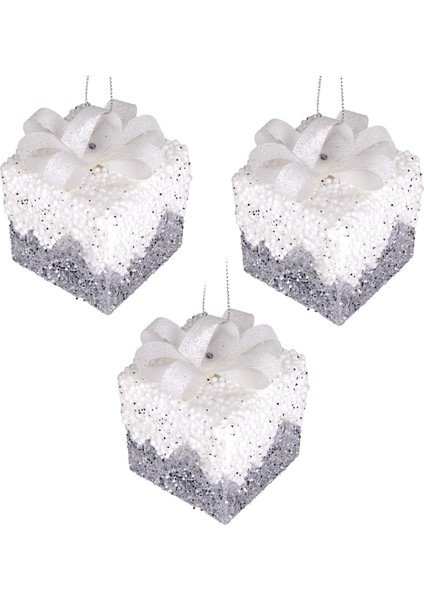 Yılbaşı Süsü Hediye Paketi Simli Kurdelalı 3'lü Paket Gümüş-Beyaz 6 Cm.