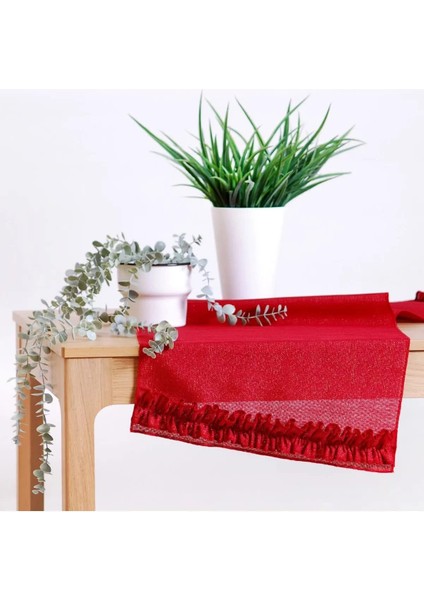 Simli Keten Runner Kırmızı Fırfırlı 45X150