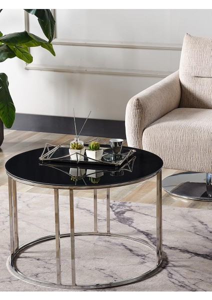 Orta Temperli Siyah Aynalı (Kırılmaz) Cam (Gümüş) Metal Ayak Orta Sehpa