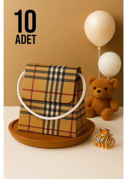 Bymeyla 10 Adet Konsept Özel Tasarım Ekose Desenli Hediye Kutusu Çanta Boş Karton Hediye Paketi Hediyelik